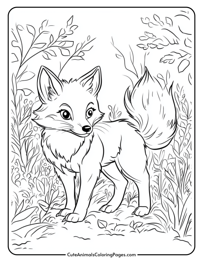 Coloring page featuring a playful fox in a natural setting, surrounded by foliage and flowers, ideal for children's art activities and animal-themed crafts.