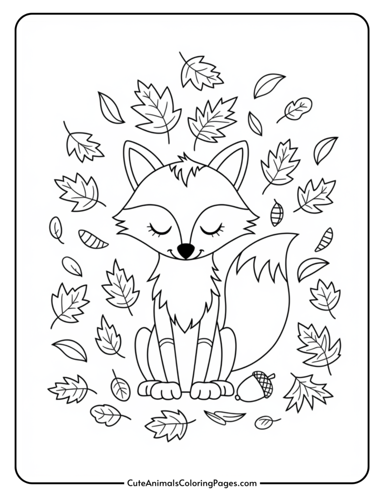 Cute cartoon fox sitting among falling leaves and an acorn, perfect for a coloring activity. Ideal for kids and nature lovers.