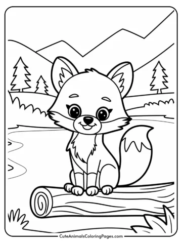 Cute coloring page featuring a friendly fox sitting on a log in a scenic landscape with mountains and trees, perfect for kids' art activities.