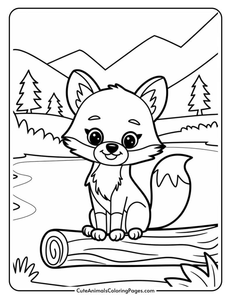 Cute coloring page featuring a friendly fox sitting on a log in a scenic landscape with mountains and trees, perfect for kids' art activities.