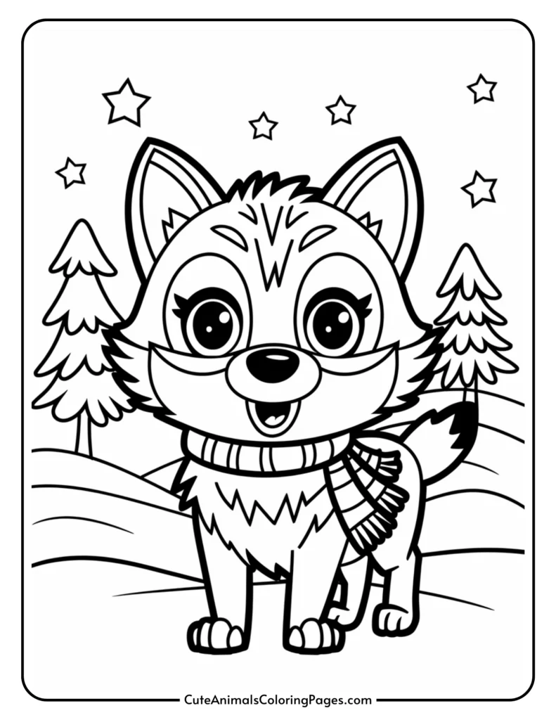 Cute cartoon fox wearing a scarf, standing in a winter landscape with trees and stars, designed for coloring activities.