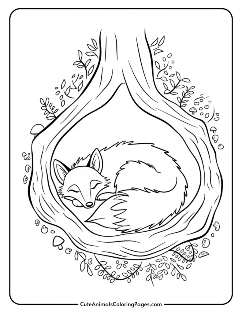 A cute fox sleeping peacefully in a tree hollow surrounded by leaves and mushrooms, designed for coloring activities.