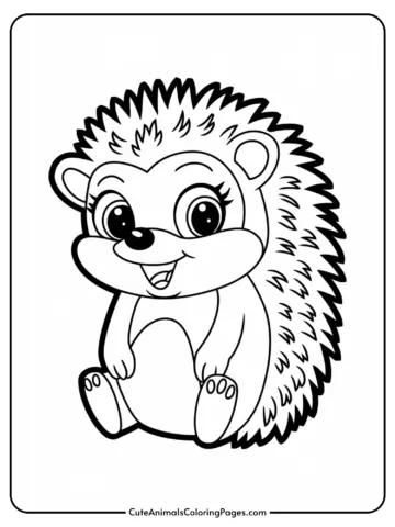 Cute cartoon hedgehog character with big eyes and a smiling face, designed for coloring activities. Ideal for children's art projects and educational purposes.