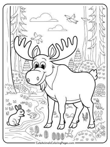 Coloring page featuring a cheerful moose standing beside a curious rabbit in a forest scene, surrounded by trees, flowers, and birds. Perfect for kids' arts and crafts activities.