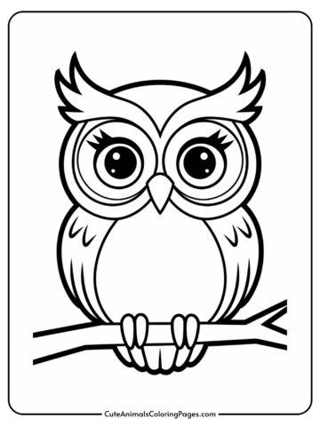 Cute black and white coloring page featuring a cartoon owl perched on a branch, designed for kids' art activities.