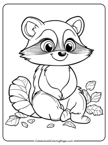 Cute cartoon raccoon sitting among leaves, designed for coloring activities. Ideal for children's art projects and educational purposes.