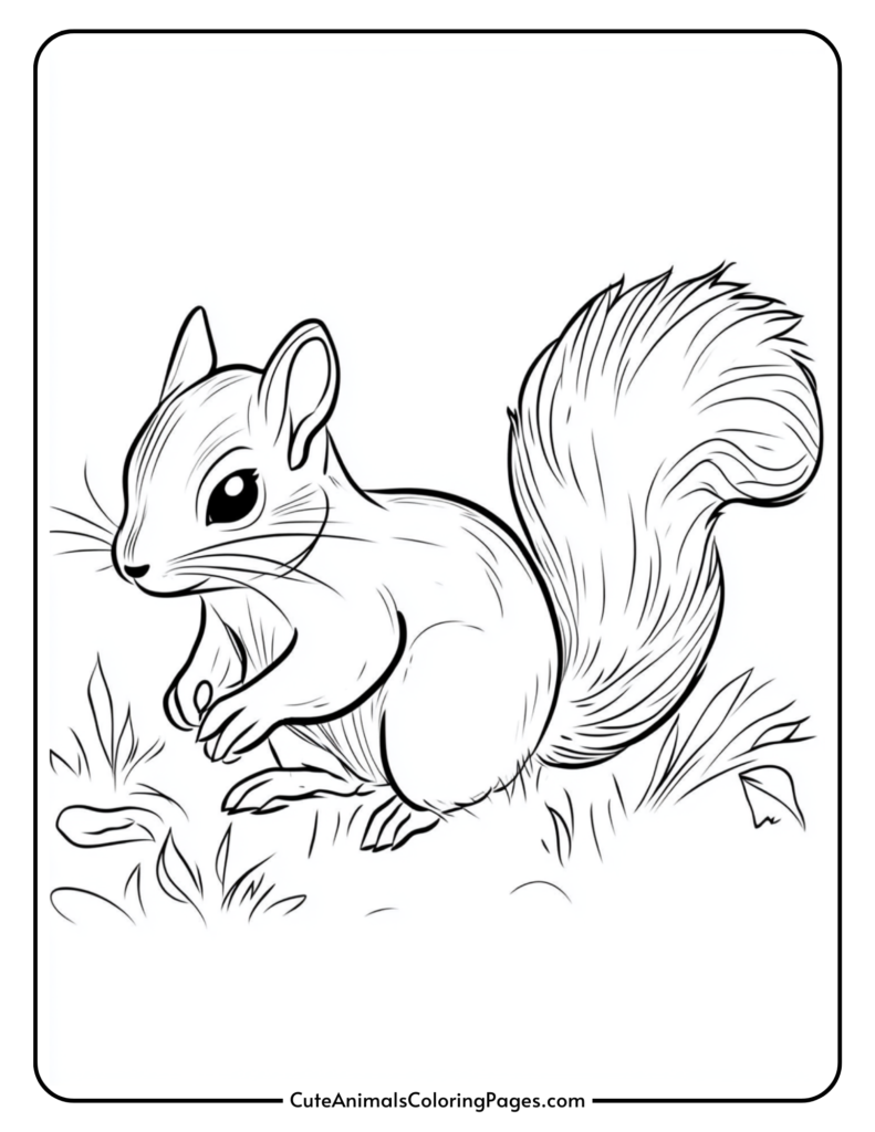 Line art illustration of a cute squirrel sitting in grass, featuring detailed fur and a bushy tail, suitable for coloring activities.