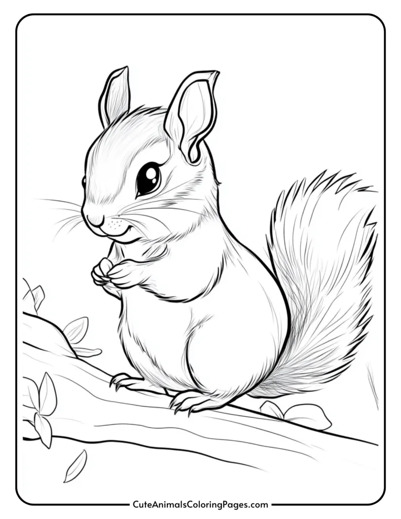 Coloring page featuring a cute squirrel sitting on a branch, holding a nut, with detailed line art suitable for children and animal lovers. Ideal for coloring activities and educational purposes.