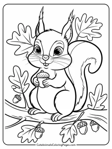 Coloring page featuring a cute squirrel holding an acorn while sitting on a branch, surrounded by oak leaves and acorns. Ideal for children's art and educational activities.