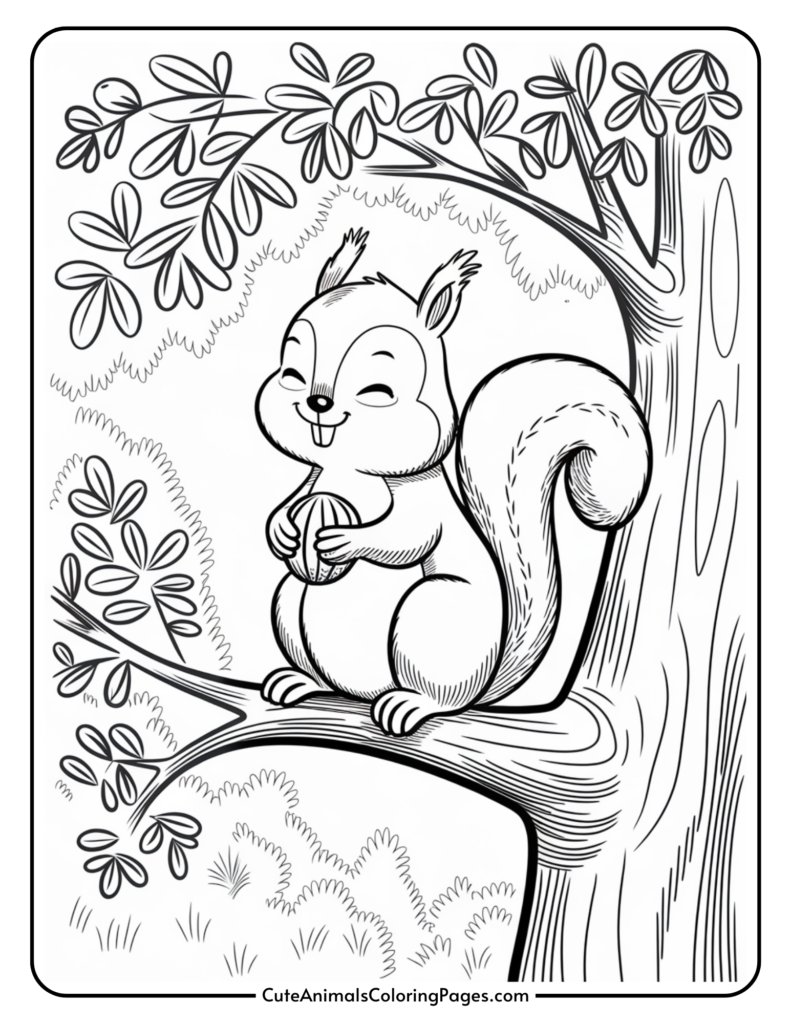 A happy cartoon squirrel sitting on a tree branch, holding an acorn, surrounded by leaves and a forest background, ideal for a children's coloring page.