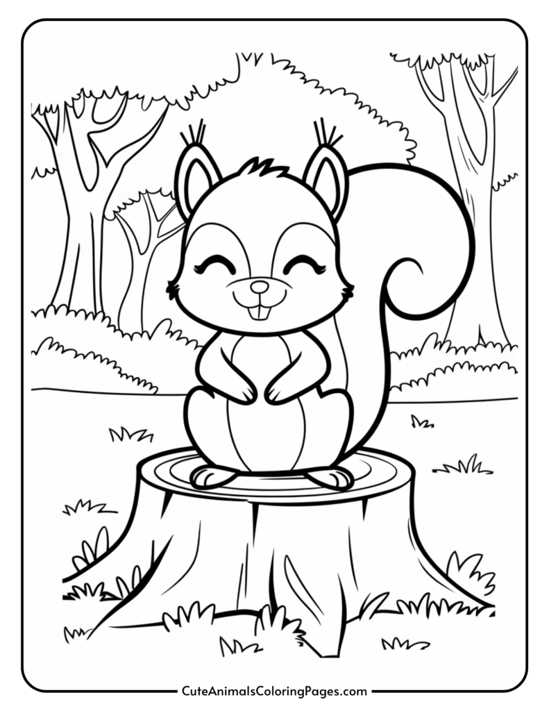 Cute cartoon squirrel sitting on a tree stump in a forest setting, surrounded by trees and grass, designed for coloring activities.