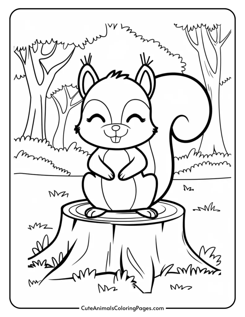 Cute cartoon squirrel sitting on a tree stump in a forest setting, surrounded by trees and grass, designed for coloring activities.