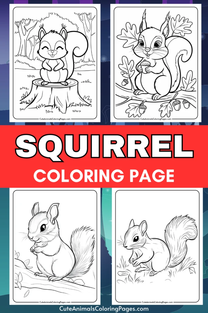 Squirrel coloring pages featuring four adorable illustrations of squirrels in various poses, perfect for kids and adults. Ideal for creative activities, this collection encourages imagination and fine motor skills development.