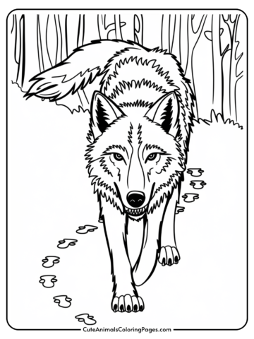 Black and white coloring page of a wolf walking through a forest, with paw prints visible on the ground. Ideal for animal-themed art projects and educational activities for children.