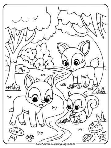 Coloring page featuring a playful scene with two cute deer and a squirrel by a winding river, surrounded by trees, bushes, and mushrooms. Ideal for children's art activities and nature-themed creativity.