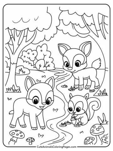 Coloring page featuring a playful scene with two cute deer and a squirrel by a winding river, surrounded by trees, bushes, and mushrooms. Ideal for children's art activities and nature-themed creativity.