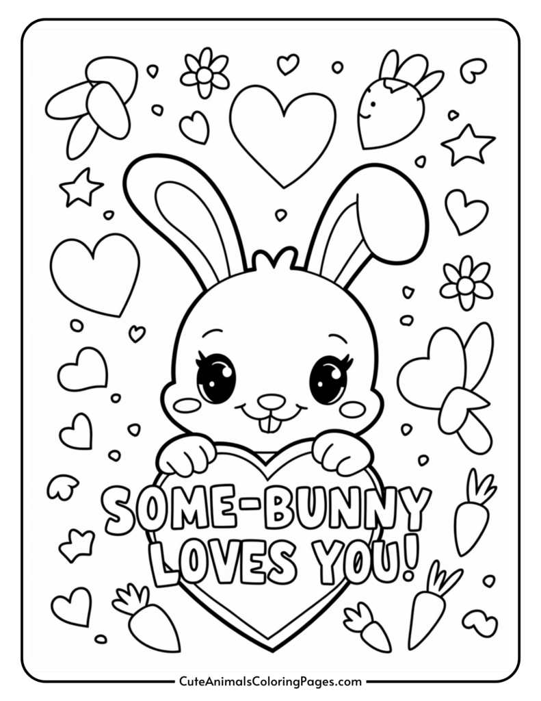 Cute bunny holding a heart with the text "Some-bunny loves you!" surrounded by hearts, flowers, and carrots.