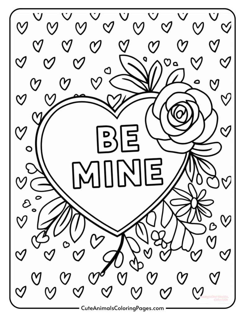 Heart-shaped design with "Be Mine" text, surrounded by flowers and leaves, with a background of small hearts.