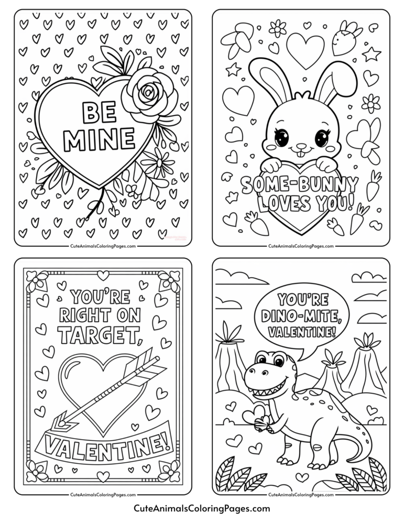 Four Valentine coloring pages: "Be Mine" heart with flowers, bunny with "Some-bunny Loves You!" heart, heart with arrow "You're Right on Target, Valentine!", dinosaur with "You're Dino-mite, Valentine!" text.