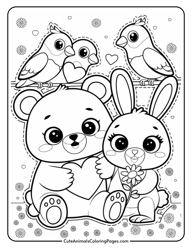 A cute coloring page featuring a bear holding a heart and a rabbit holding a flower, with two birds perched above them, surrounded by small hearts and flowers.