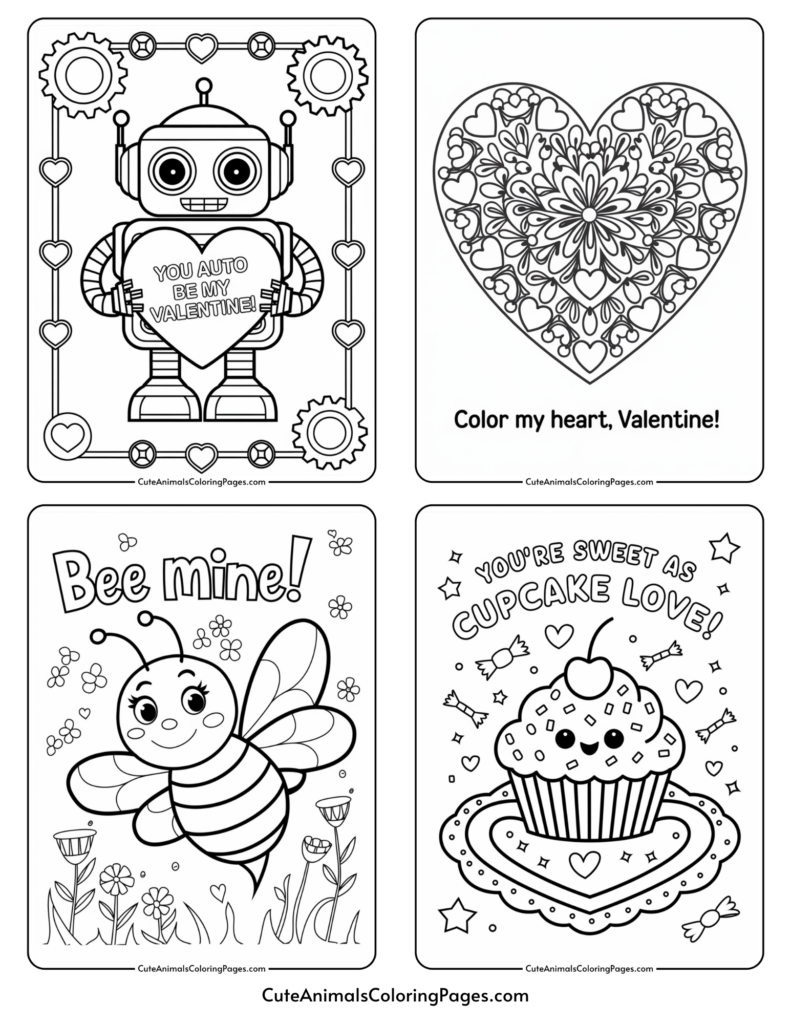 Four Valentine-themed coloring pages featuring a robot with a heart, a decorative heart with "Color my heart, Valentine!" text, a bee with "Bee mine!" text, and a cupcake with "You're sweet as cupcake love!" text.