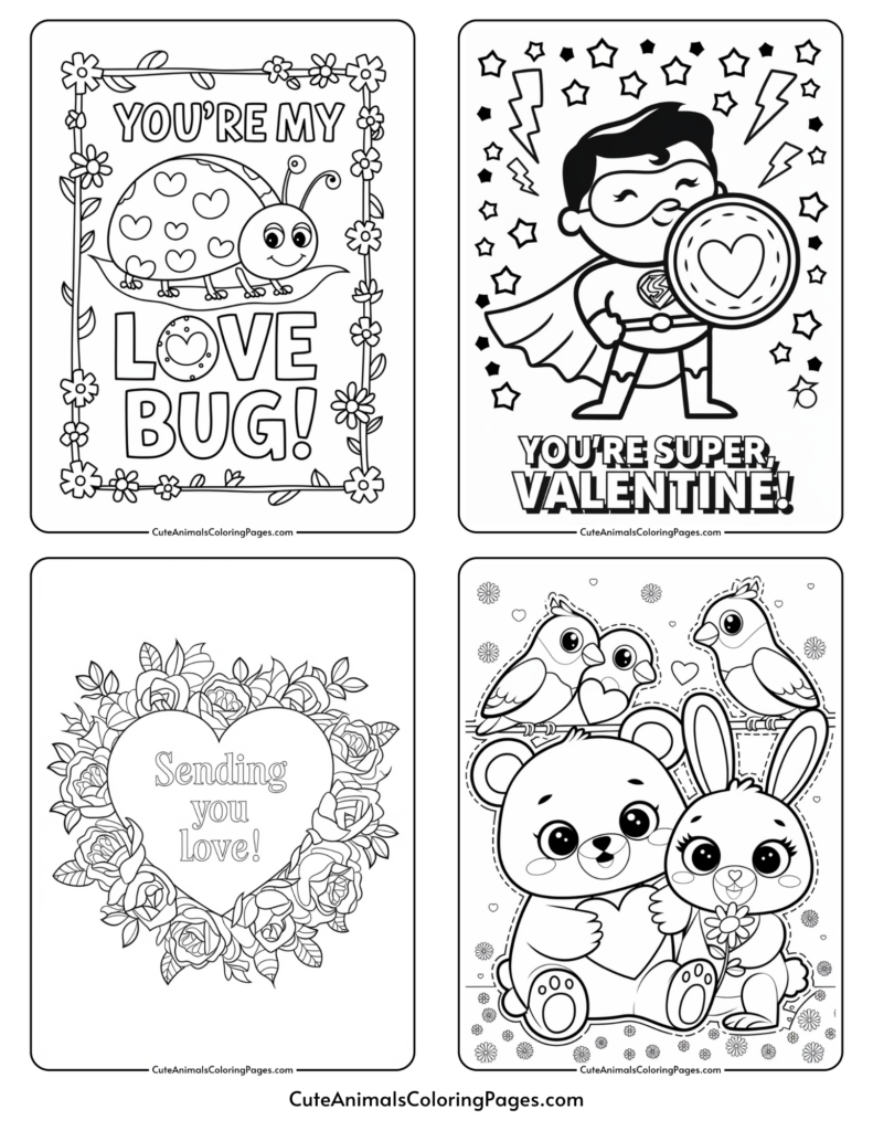 Black and white Valentine's Day coloring pages with cute messages and illustrations of a ladybug, superhero, heart with flowers, and animals holding hearts.