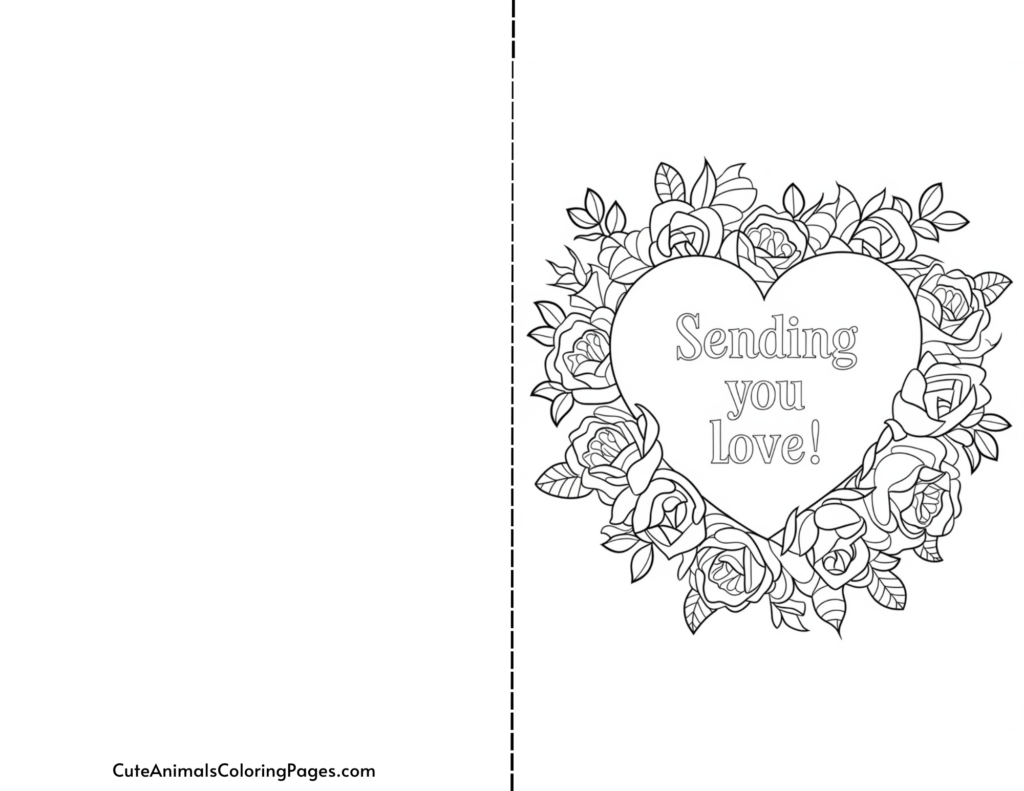 Heart-shaped floral card with text "Sending you Love!" surrounded by roses.