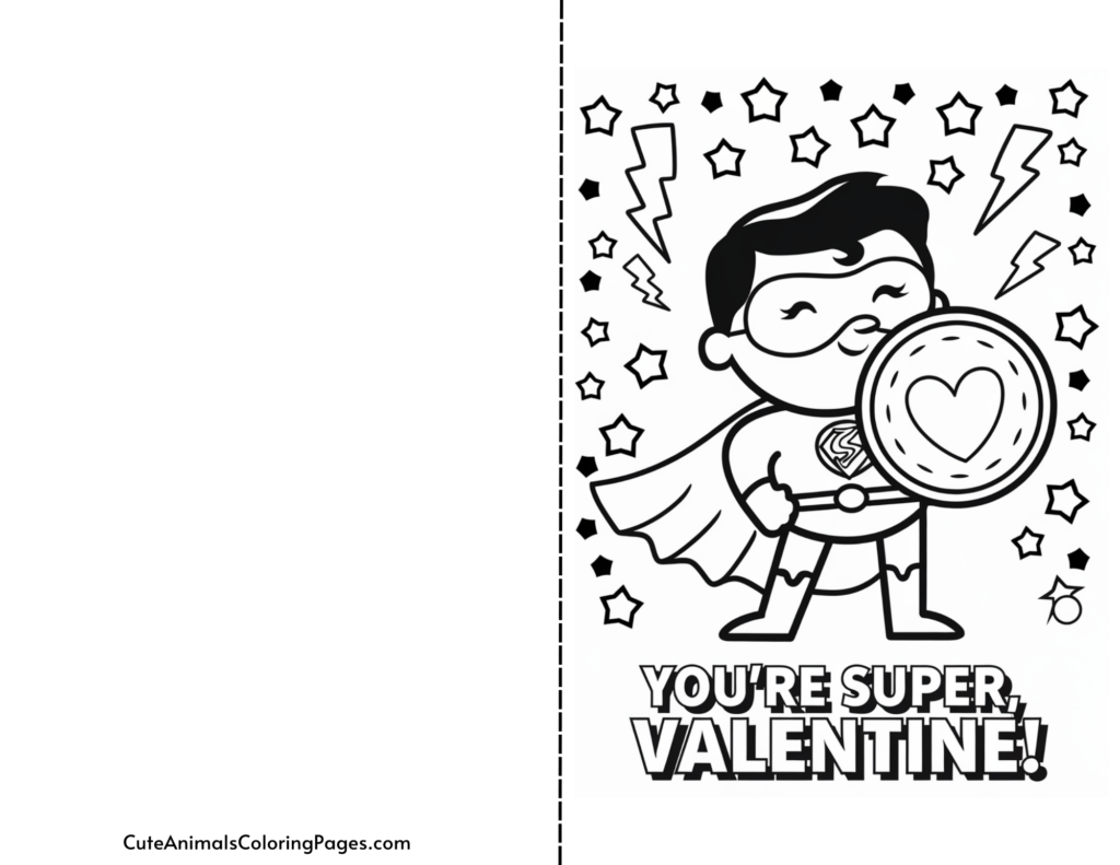 Valentine's Day card with a superhero holding a heart shield, surrounded by stars and lightning, with the text "You're Super, Valentine!"