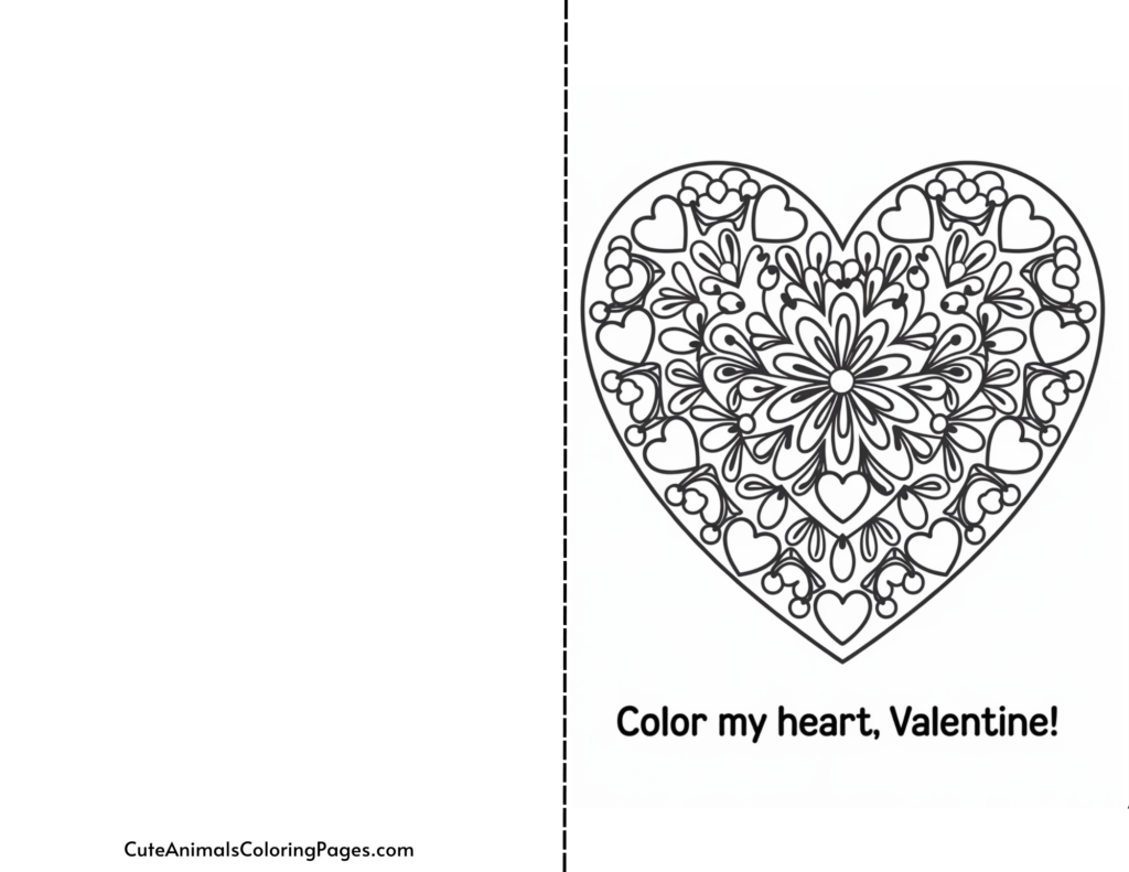 Valentine's Day card featuring an intricate heart design with "Color my heart, Valentine!" text.