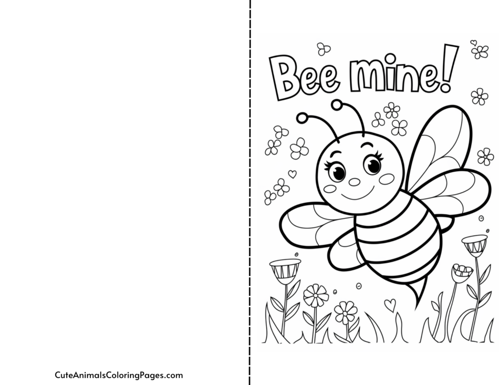 Cute bee with flowers and hearts, and the text "Bee mine!"