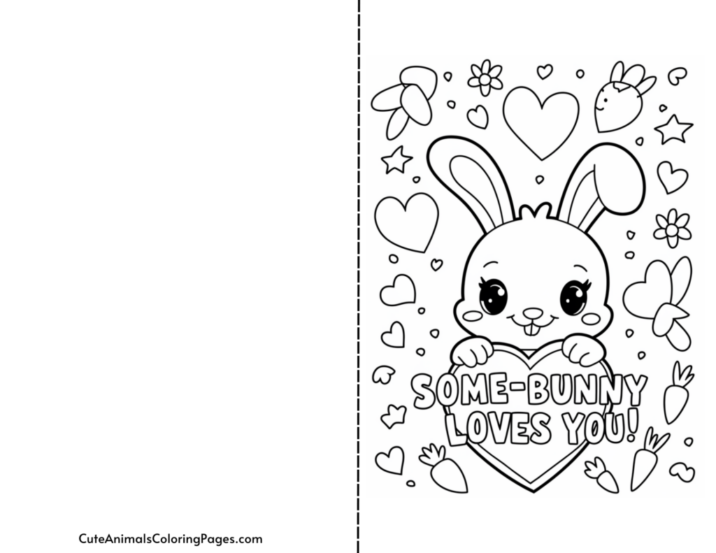 Cute bunny holding a heart surrounded by hearts, flowers, and carrots with the text "Some-bunny Loves You!"