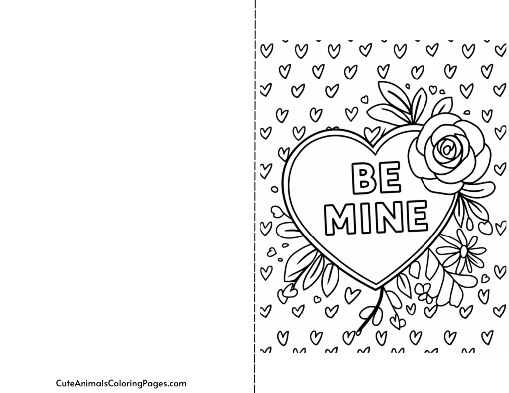 Coloring page with a heart-shaped design featuring the words "Be Mine," surrounded by flowers and a pattern of small hearts.