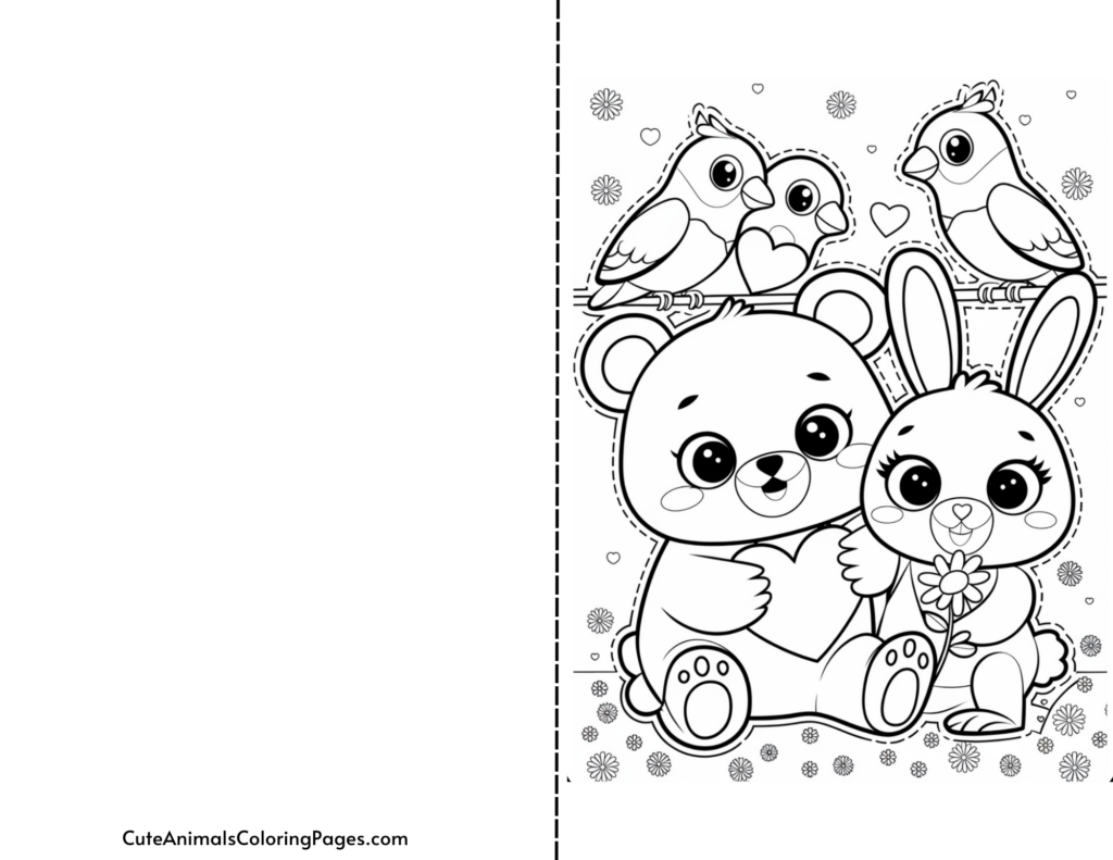 Black and White Printable Valentine Card featuring a cartoon bear holding a heart next to a rabbit holding a flower, with two birds on a branch above them.