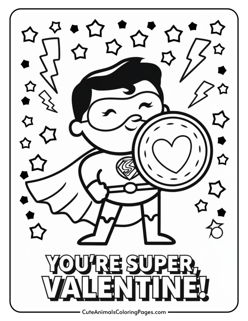 Cartoon superhero with a cape and shield, surrounded by stars and lightning bolts, with the text "You're Super, Valentine!"