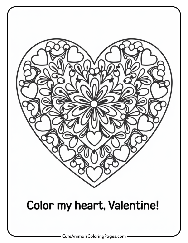 Intricate heart-shaped coloring page with floral and heart patterns, featuring the text "Color my heart, Valentine!"