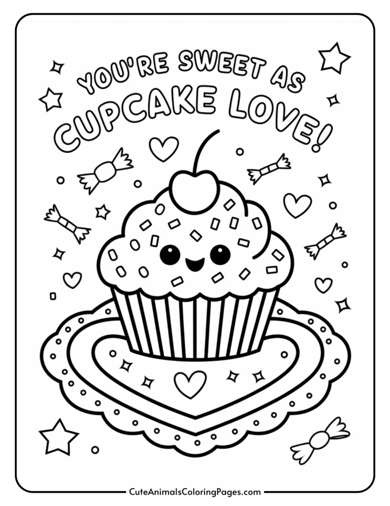 Cute cupcake coloring page with a heart and candy decorations, featuring the phrase "YOU'RE SWEET AS CUPCAKE LOVE!"