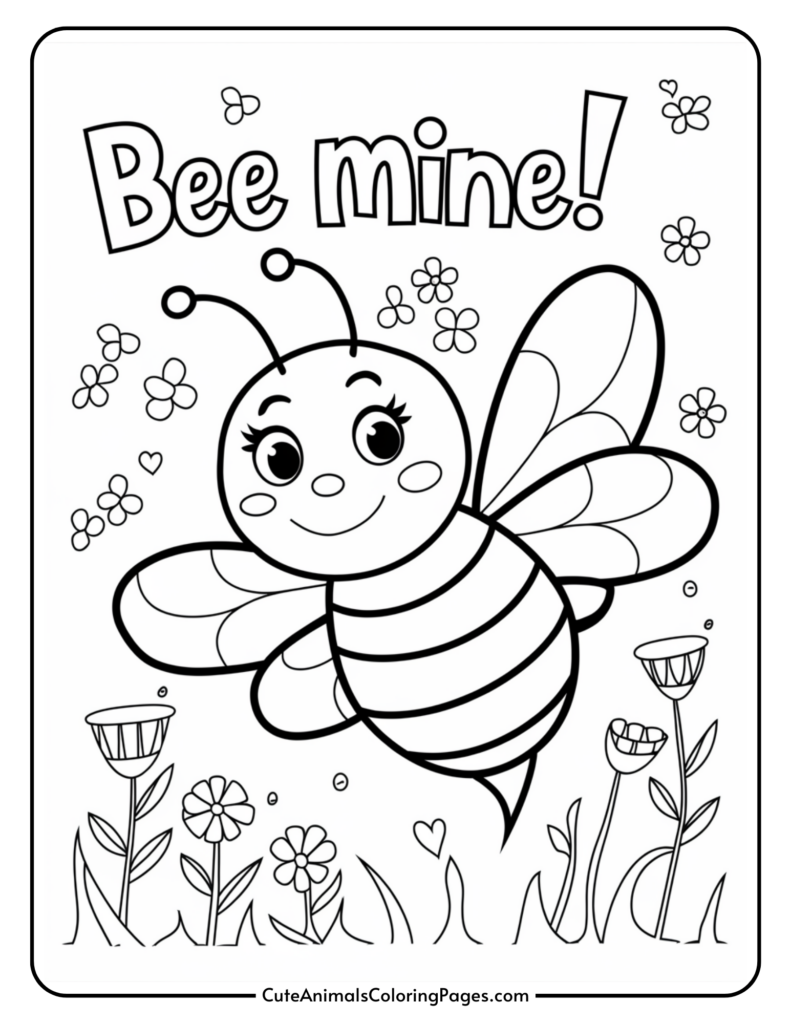 Cartoon bee with the text "Bee mine!" surrounded by flowers and hearts.