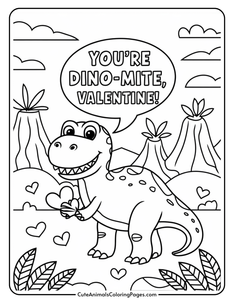 A cute dinosaur holding a heart with a speech bubble saying "You're dino-mite, Valentine!" surrounded by hearts and volcanoes.