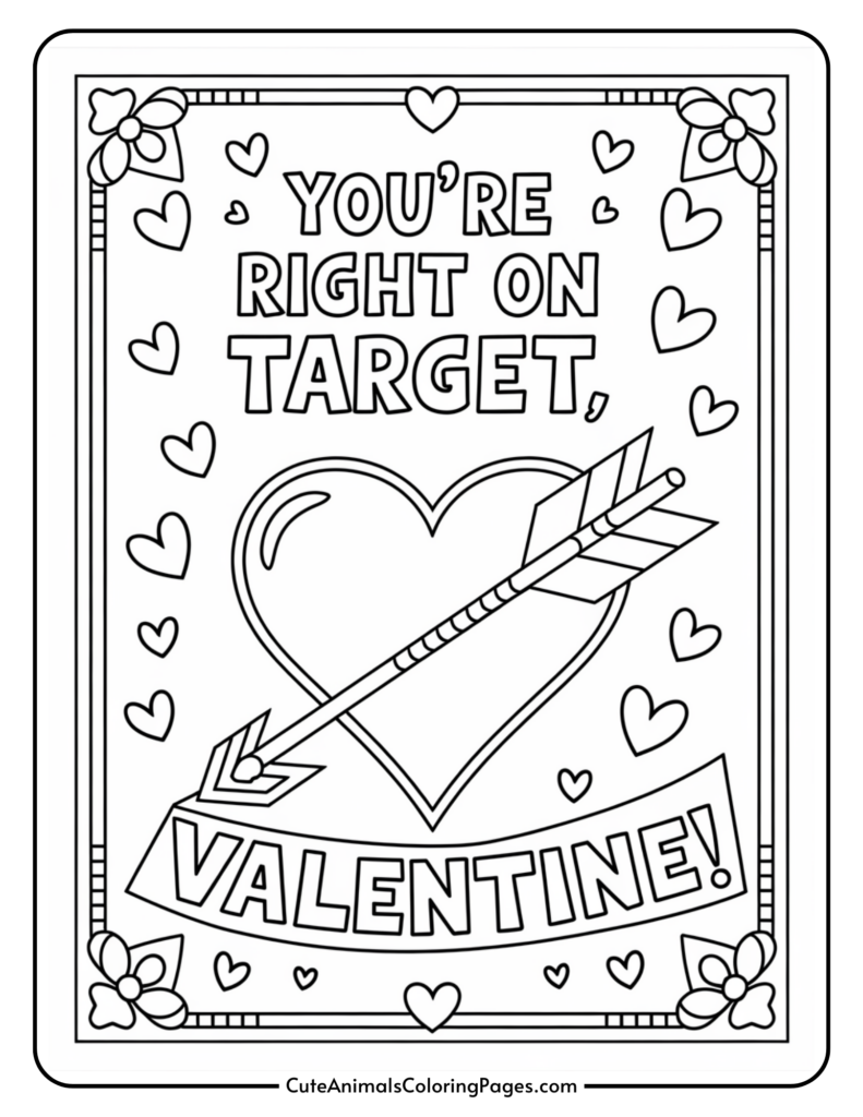 Valentine's Day coloring page with a heart pierced by an arrow, surrounded by hearts and flowers, featuring the message "You're Right on Target, Valentine!"