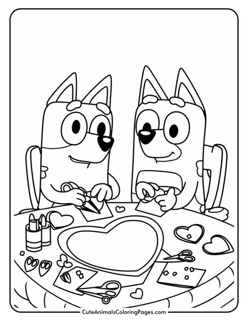 Two cartoon dogs crafting heart-shaped decorations at a table with scissors, glue, and paper.