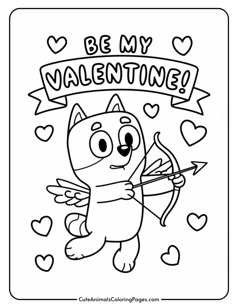 Cartoon fox with wings holding a bow and arrow, surrounded by hearts, under a "Be My Valentine" banner.