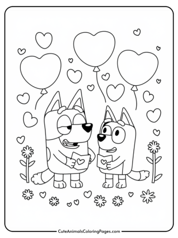 Two cartoon dogs with cards stand surrounded by heart balloons, flowers, and small hearts.