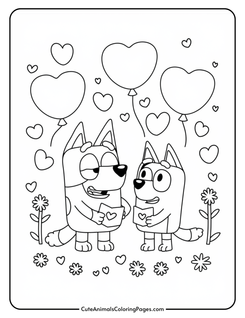 Two cartoon dogs with cards stand surrounded by heart balloons, flowers, and small hearts.