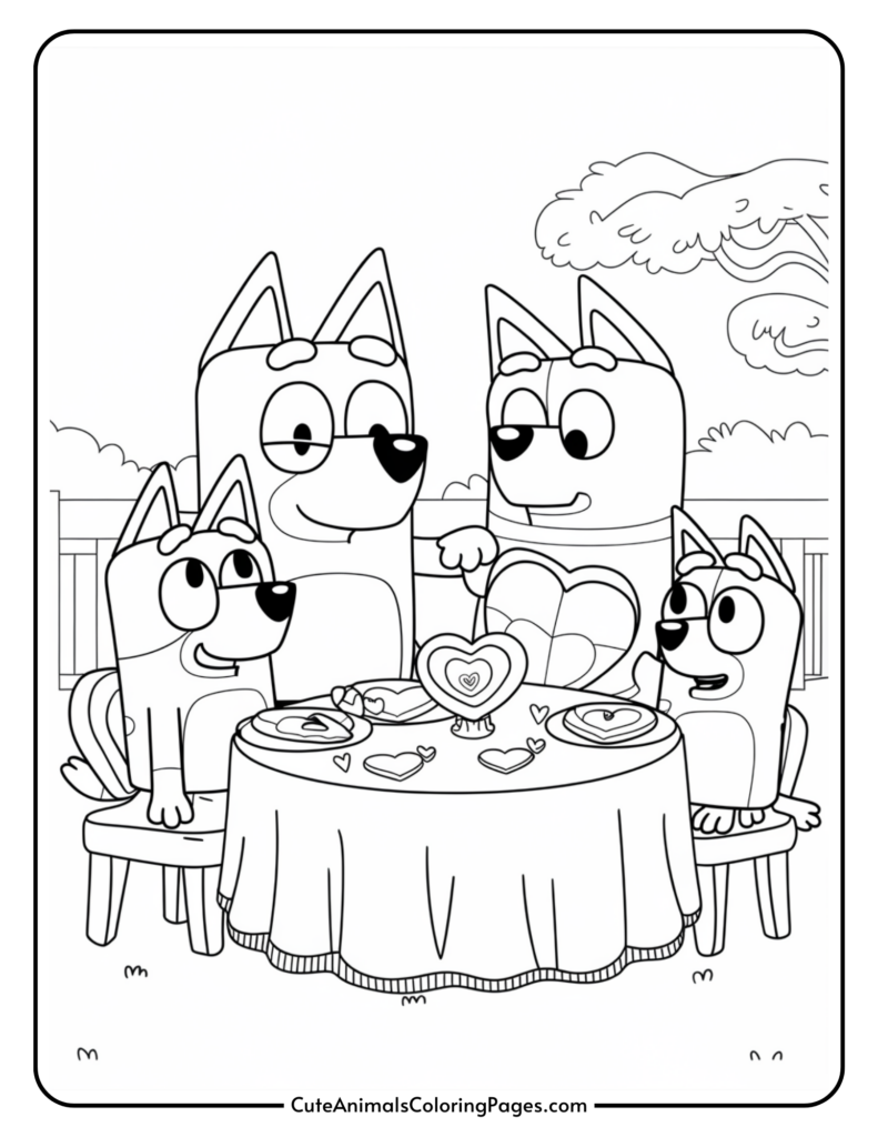 A cartoon family of four dogs sitting at a table with heart-shaped decorations.