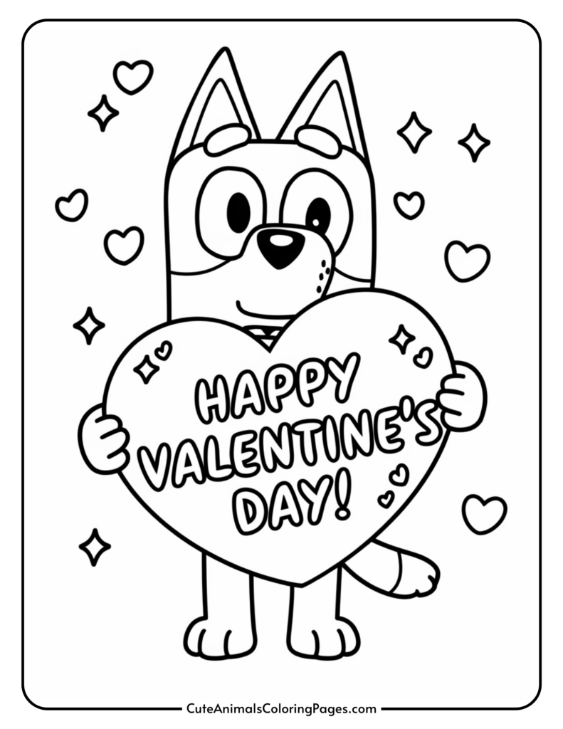 A cartoon dog holding a heart-shaped sign that says "Happy Valentine's Day!" surrounded by hearts and stars.