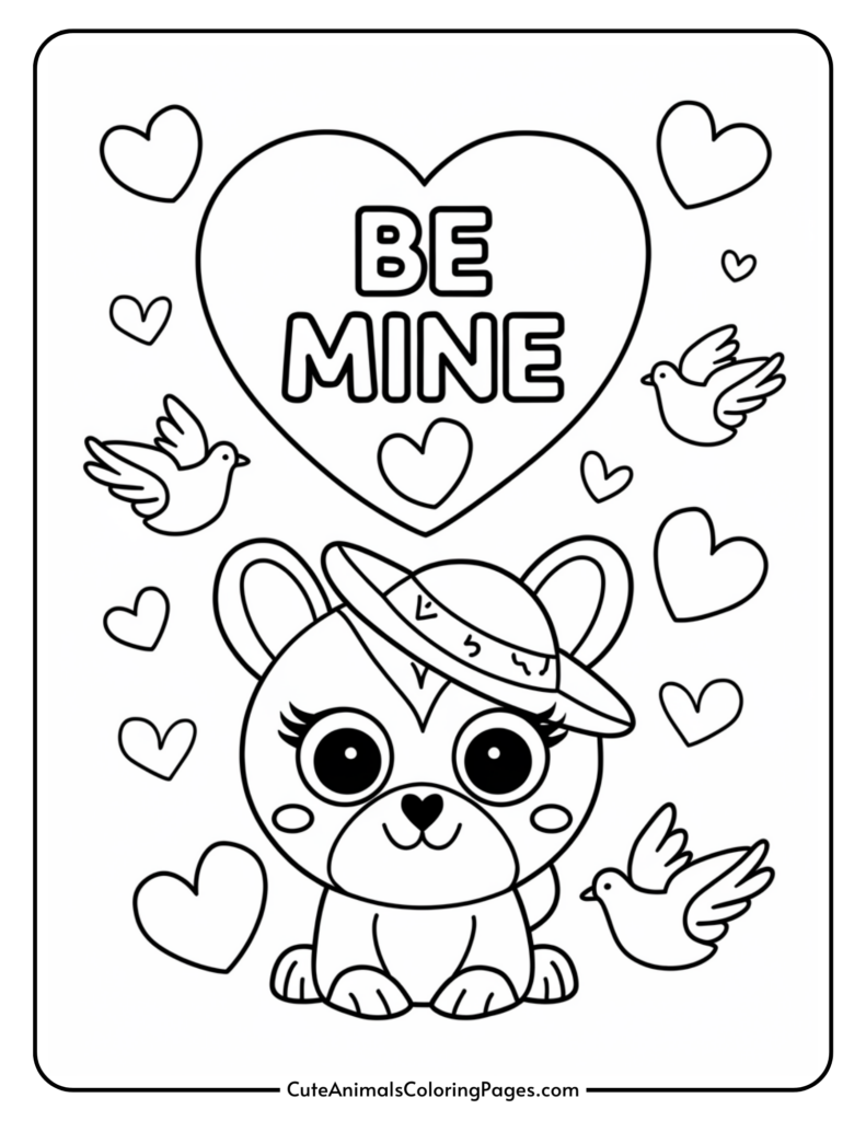 Cute coloring page featuring a cartoon dog wearing a hat, surrounded by hearts and birds, with "Be Mine" inside a large heart.