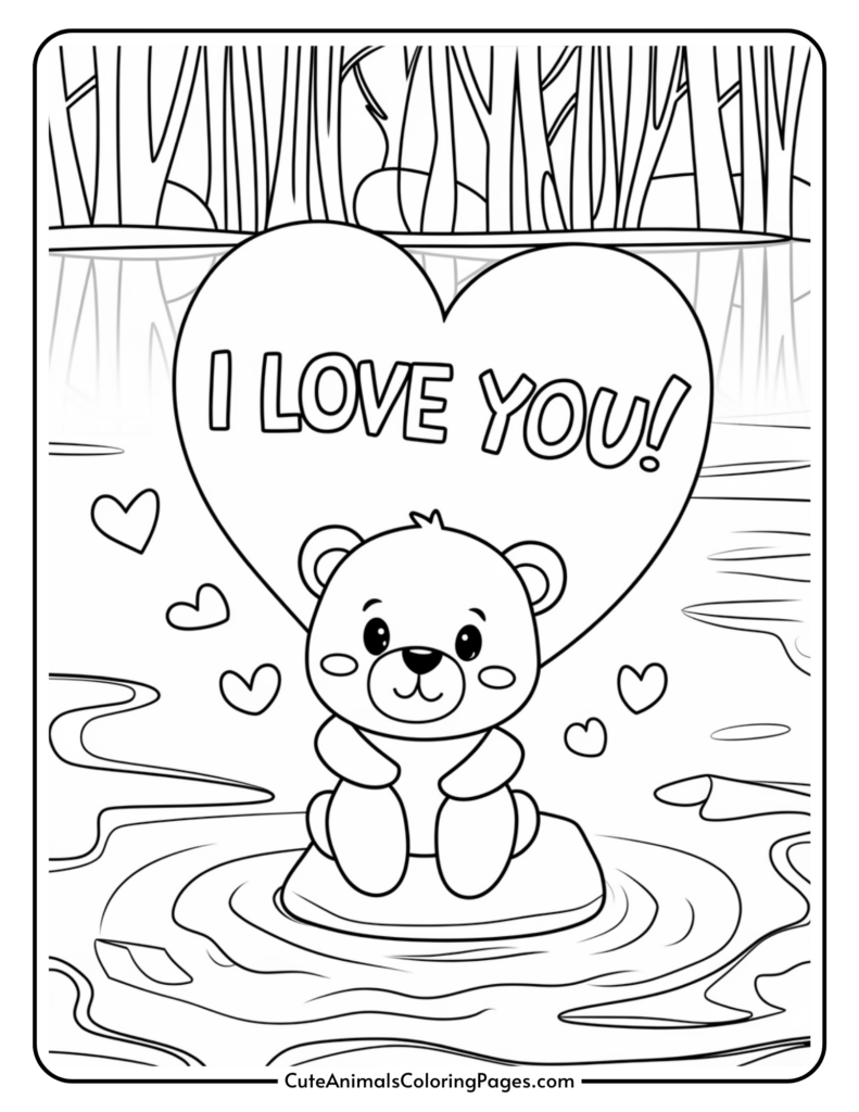 A cute bear sitting on a log in a pond, with a large heart behind it that reads "I Love You!" and surrounded by smaller hearts.