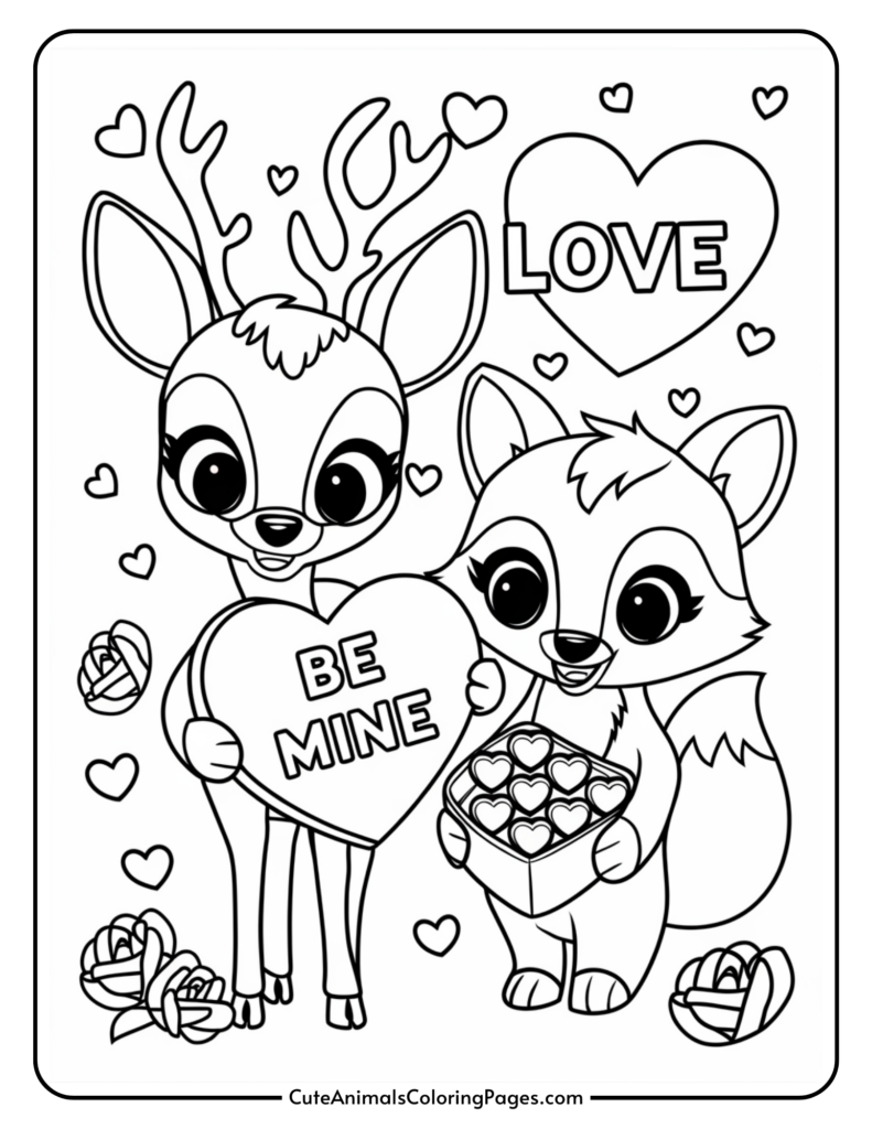 Cute cartoon deer and fox holding hearts, surrounded by roses and smaller hearts, with the words "BE MINE" and "LOVE".