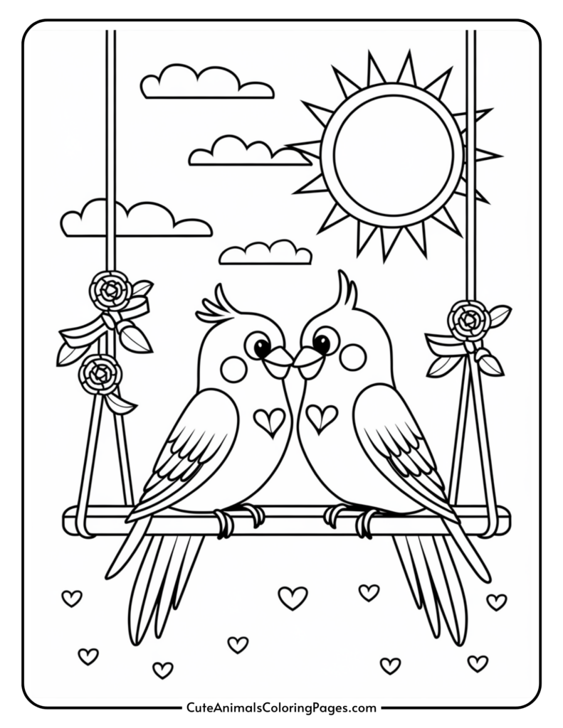 Two lovebirds sitting on a swing with a sun and clouds in the background, surrounded by hearts and flowers.