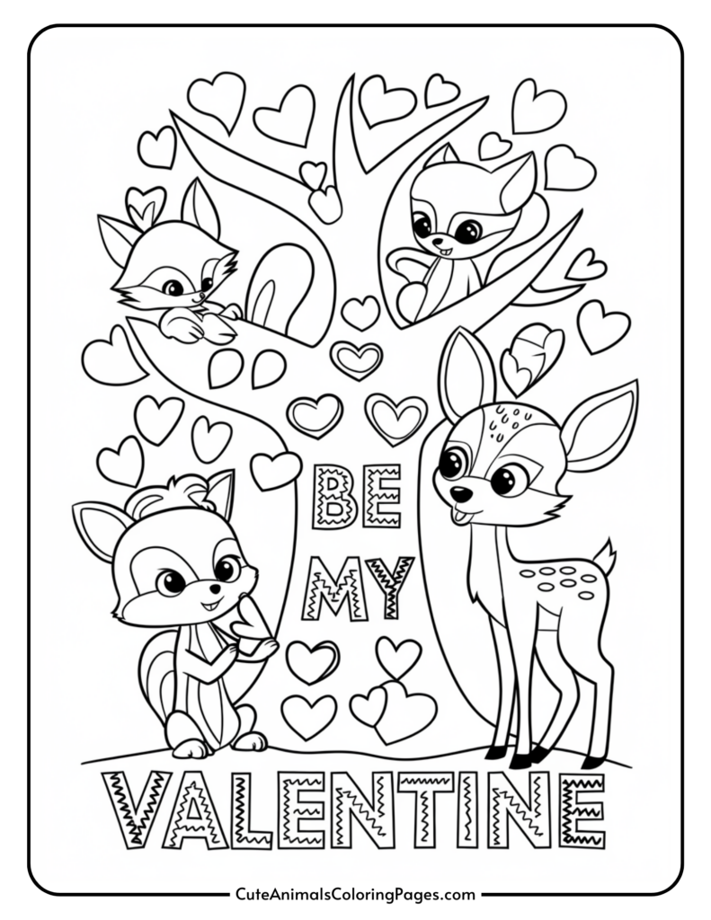 Cute woodland animals with hearts and the text "Be My Valentine" in a coloring page.